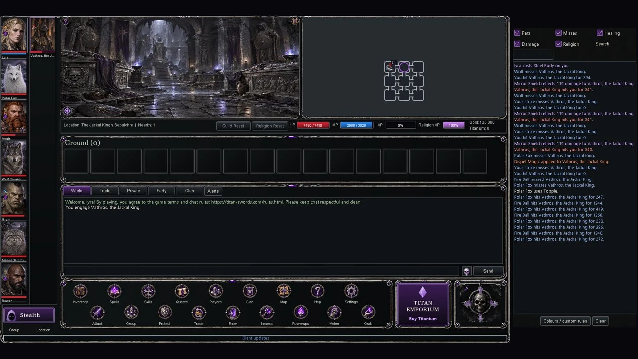 TitanSwords combat interface with characters, a map and inventory controls